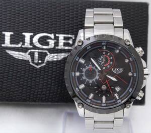 稼働品☆【LIGE】クロノグラフ デイト クォーツ 3針 メンズ 腕時計／5181wm1／黒文字盤 黒×赤 オマージュウォッチ／2302-K0323V(NT)