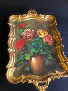 イタリア製　トレイ　絵画　ゴシック　薔薇柄　花瓶のローズ　インテリアに　アンティーク・ヴィンテージ　イタリー製　美品