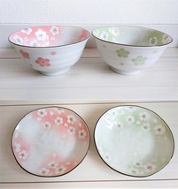 お茶碗＆小皿 ペアセット 桜＋梅模様 4枚セット 和食器 ピンク＆グリーン_画像1