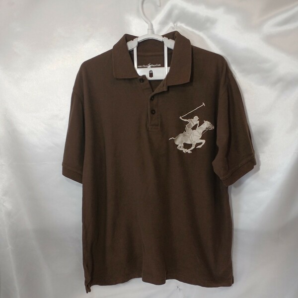 zcl-f48♪米国ユーズドBEVERLY HILLS POLO CLUBビバリーヒルズポロクラブ ポロシャツ刺繍USサイズXL(日本サイズXL相当)ブラウン