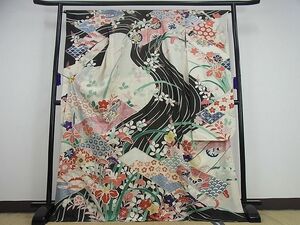  flat peace shop kimono # finest quality summer thing antique Taisho romance long-sleeved kimono . piece embroidery . water tanzaku . flower writing silver . excellent article 3s1778