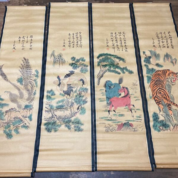 中国書画 唐寅「虎馬鷹鶴」動物絵 4枚セット 近代現代書画 掛け軸 掛軸 模写