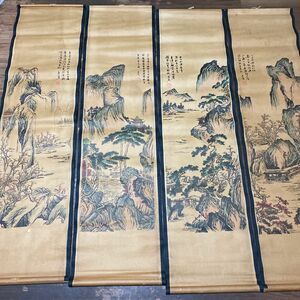 中国書画 唐寅 山水絵 4枚セット 近代現代書画 掛け軸 掛軸 模写