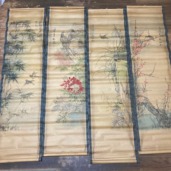 中国書画 鄭板橋「梅蘭竹菊」花卉絵 4枚セット 近代現代書画 掛け軸 掛軸 模写