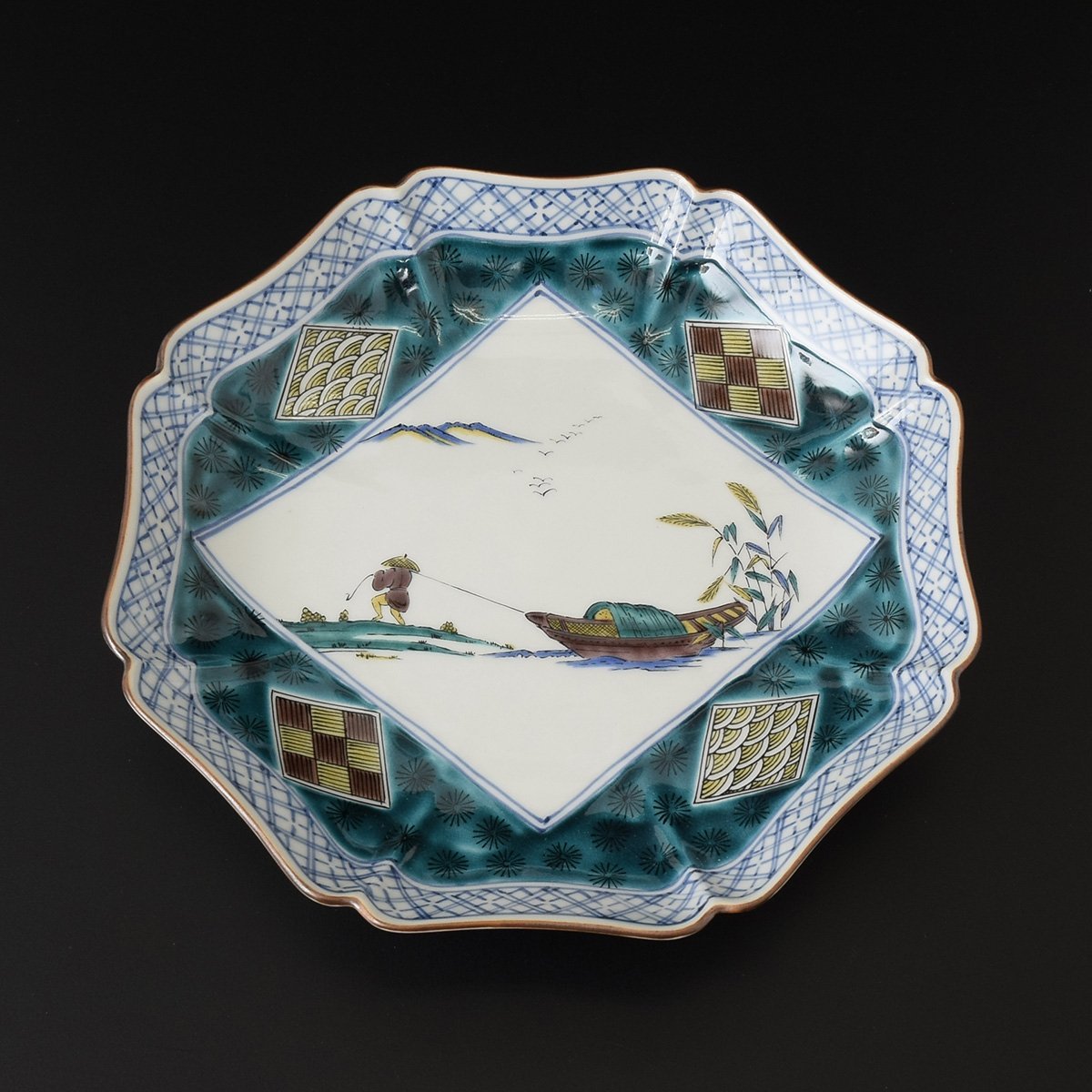 ◎473777 未使用品九谷焼青手曳舟図八角盛皿深皿約25cm 紙箱入懐石道具
