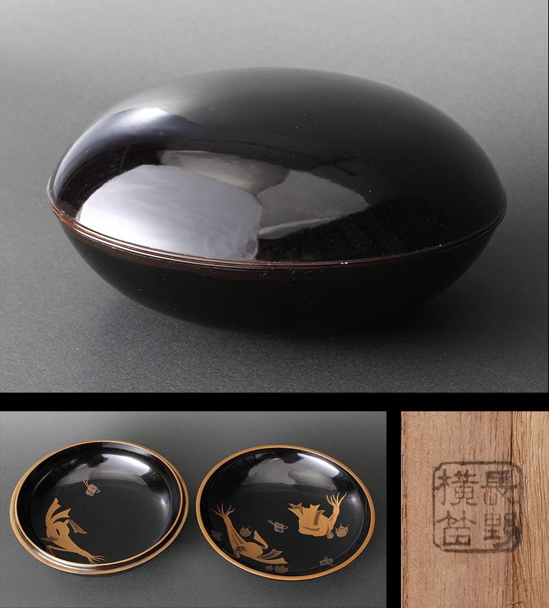 感謝報恩 長野横笛 黒地鶴蒔絵 吸物椀10客 共箱有 MA388