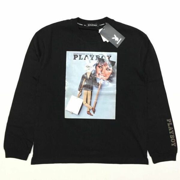 新品 正規 Ｍ プレイボーイ PLAYBOY ルーズシルエット フォトプリント ロングスリーブ Tシャツ ユニセックス ロンＴ 黒