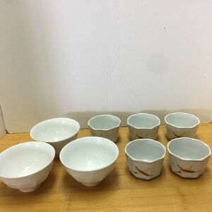 【中古 送料込】陶器 有田焼 壱峰窯 茶碗 3客 直径12cm 高さ7cm、有田焼 珠光造 とうがらし柄 小鉢 5客 直径8.5cm 高さ6cm◆M0019