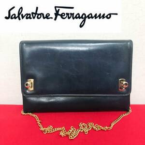 フェラガモ レザー チェーン ショルダーバッグ クラッチ 紺色ネイビー ガンチーニ Salvatore Ferragamo Bag　HNAF2303-48-S8-M60J31