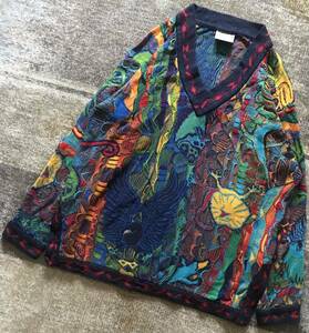 幻 最高傑作 異次元のセンス 90's vintage ★ COOGI AUSTRALIA ★ クージー 鳥 熱帯魚 鷲 爬虫類 3D Vネック コットン ニット セーター L