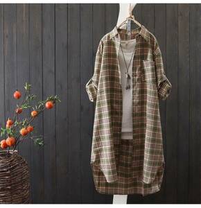  shirt One-piece long shirt check pattern tunic easy long sleeve spring lady's spring summer autumn S size 