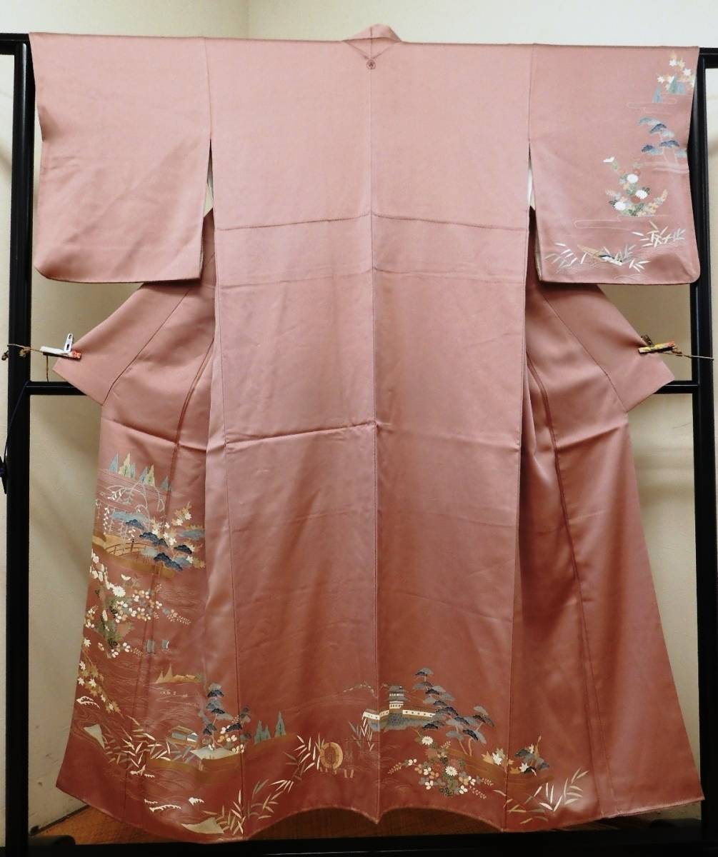 Silver ax, pure silk, hand-painted Kyoto Yuzen visit kimono, flower, single crest, kimono, hand-painted Yuzen, Japanese name, water persimmon color, women's kimono, kimono, Visiting dress, Tailored