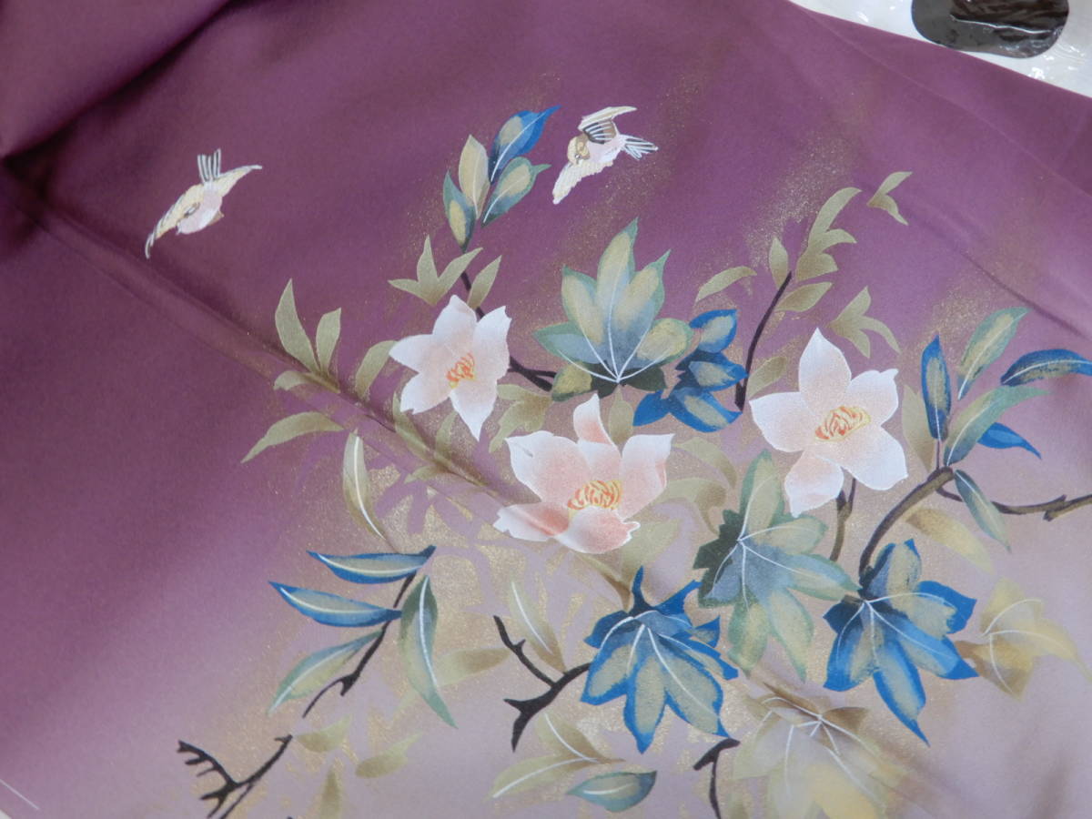 Silver Axe, Sparrow and Flower Kimono, Visiting Kimono with Sewing, Hand-painted, Gold Powder, Blurred Dye, Unused, Length 154.8cm, Women's kimono, kimono, Visiting dress, Ready-made