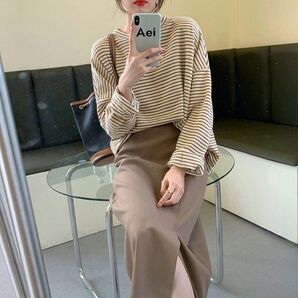 ボーダー長袖トップス 韓国風Tシャツ