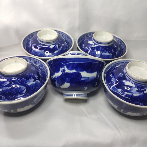 古伊万里焼 蓋付茶碗5客 明治骨董 手作り 旧家蔵出し アンティーク 陶芸品