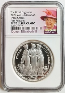 2020年 英国 イギリス ロイヤルミント スリーグレイセス 5ポンド 2オンス プルーフ 銀貨 NGC PF70 ULTRA CAMEO First Releases 女王ラベル