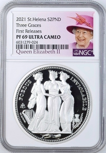 2021年 セントヘレナ スリーグレイセス 2ポンド 2オンス 2oz プルーフ 銀貨 NGC PF69 ULTRA CAMEO First Releases 女王ラベル イギリス