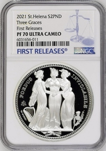 2021年 セントヘレナ スリーグレイセス 2ポンド 2オンス 2oz プルーフ 銀貨 NGC PF70 ULTRA CAMEO First Releases イギリス