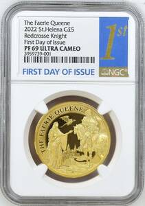 FDI 2022年 セントヘレナ フェアリークイーン 5ポンド 1オンス プルーフ金貨 FAERIE QUEEN UNA & REDCROSSE NGC PF69UC First Day of Issue