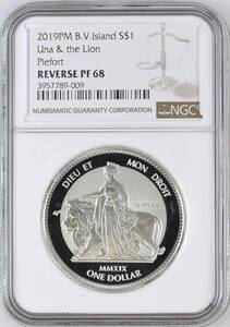 2oz 2019年 イギリス ヴァージン諸島 ウナとライオン 1ドル 2オンス リバースプルーフ 銀貨 NGC REVERSE PF68