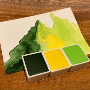 水彩絵の具　ハーフパン2ml 3色セット マットカラー（緑・黄・鶸色）