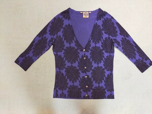 超特価!百貨店購入!美品即決!TORY BURCH トリーバーチ レディス 7分袖 薄手 ウールニット カーディガン パープル系 総柄 size S 毛100% 