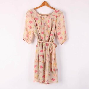  Natural Beauty Basic 7 minute sleeve One-piece floral print total pattern waist Mark knee height lady's S size pink NATURAL BEAUTY BASIC