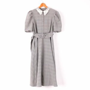  Nice Claup shirt One-piece short sleeves check waist belt mi leak height stretch lining equipped lady's F size gray NICE CLAUP