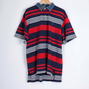 ポロバイラルフローレン 半袖ポロシャツ ボーダー ポニーロゴ クレリック トップス メンズ Lサイズ レッド Polo by Ralph Lauren