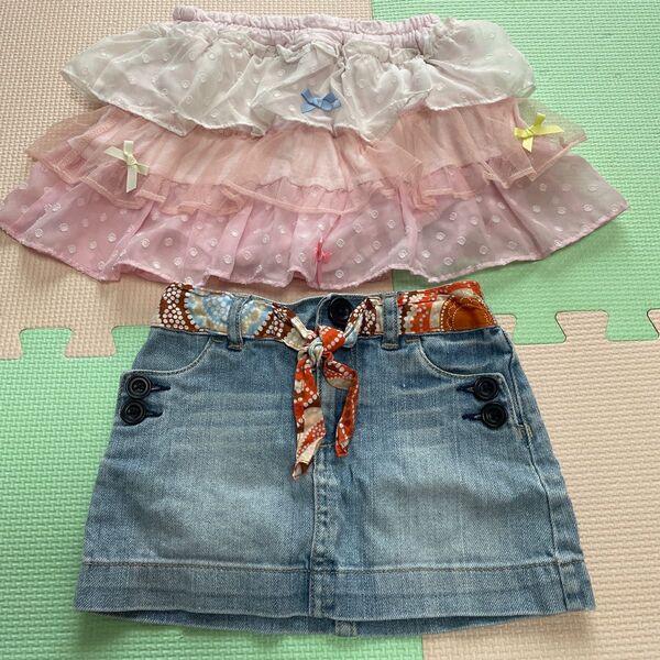 女児 フリル デニム スカート スカッツ 2枚セット 90