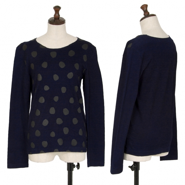 Comme des Garcons COMME des GARCONS Top cortado y cosido con estampado de puntos dibujados a mano y cuello sin rematar Azul marino/negro XS [Mujer], para mujeres, tapas, Cortar y coser manga larga.