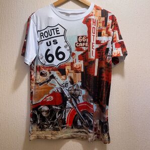 新品★モーターサイクル&風景画★ルート66Tシャツ★総柄★ユニセックス★L★ 半袖Tシャツ 総柄★特別値下中★