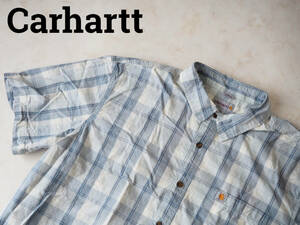 ☆送料無料☆ Carhartt カーハート USA直輸入 古着 半袖 チェック 胸ポケット付き シャツ メンズ 2XL グレーブルー トップス 中古 即決