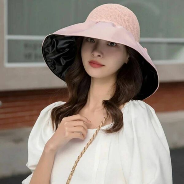 【ピンク/レディース帽子】日除け 帽子 ハット麦わら帽子 女性 遮光 55cm UVカット つば 紫外線対策 折りたたみ 帽子 