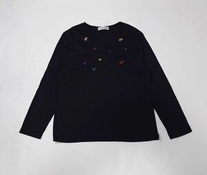 (未使用 レディース) Giulia Rosetta // 長袖 刺繍 Vネック Tシャツ カットソー (紺系×グレー系) 大きいサイズ 4L (日本製)