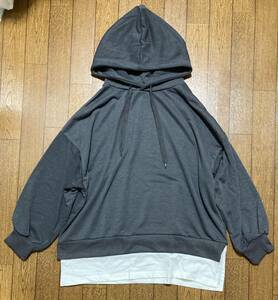  new goods parka sweat F gray easy largish sweatshirt long size oversize GRLg Laile plain cotton tops lady's 