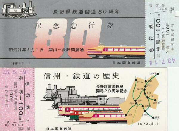 国鉄、記念急行券2枚、長野県鉄道開通80周年（昭和43年）、長野鉄道管理局20周年（昭和45年）、駅名改称：柏原駅から黒姫駅へ