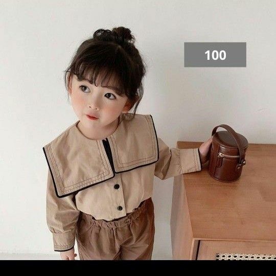 【新品】ベージュ 長袖 ブラウス ビッグ 襟 100 黒 パイピング 韓国子供服 子供服