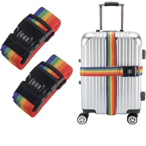 スーツケースベルト ワンタッチ式 ロック付き 荷物固定 調節可能 荷崩れ防止 紛失防止 高弾性スーツケース留めベルト 虹色2本　大人気