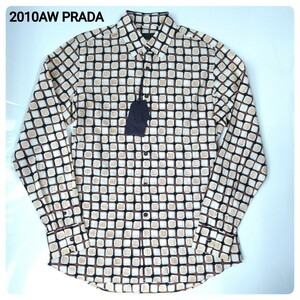 新品 2010AW PRADA プラダ 国内正規品 イタリア製 最高級バチスタダミエプリントコットンローンL/Sシャツ 40(15.75/L位) 超稀少廃番モデル