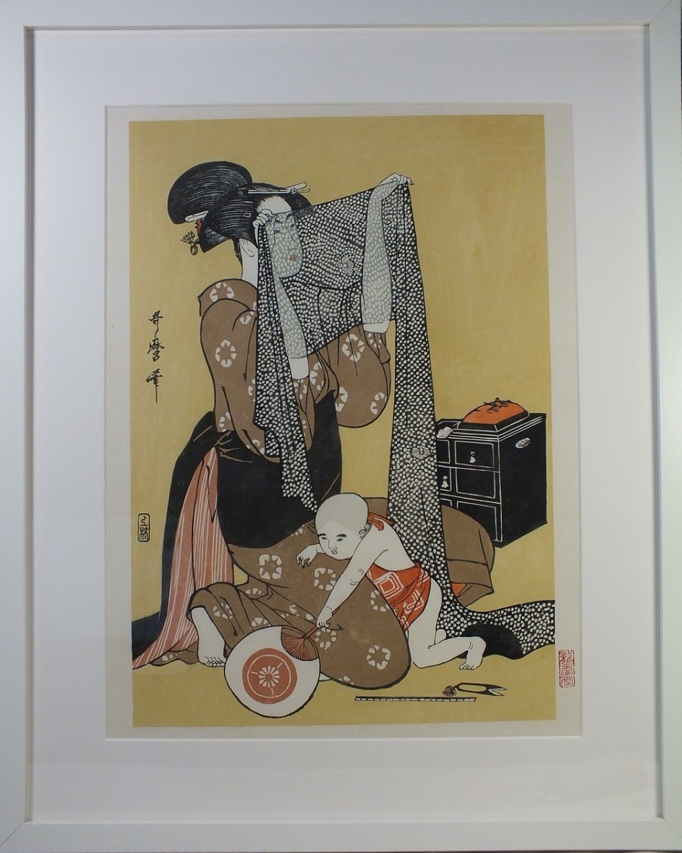 *[Reproduktion des Holzschnitts von Ukiyo-e] Kitagawa Utamaro Needlework (links) Gerahmt, Malerei, Ukiyo-e, Drucke, Andere