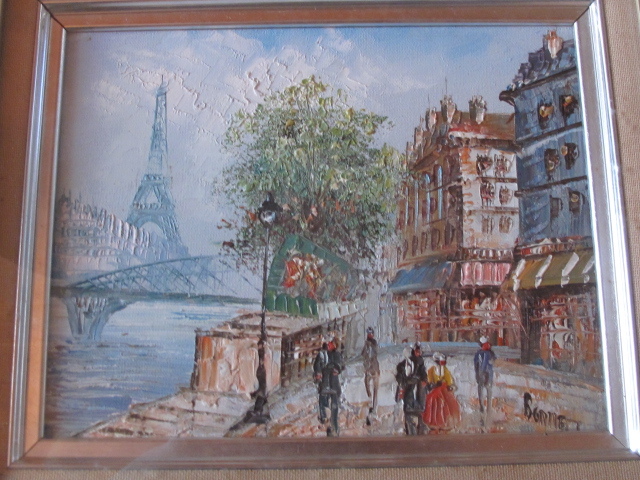 大きな割引 年代物 フランス画家 パリの街 風景画 0号 油彩 油絵 絵画