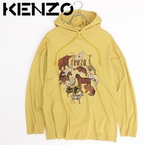 ヴィンテージ◆KENZO JEANS ケンゾージーンズ 北斎タグ アニマルプリント ドロップショルダー コットン パーカー マスタードイエロー F