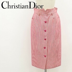 ヴィンテージ◆Christian Dior クリスチャン ディオール ストライプ柄 フロントボタン ハイウエスト スカート 赤 レッド×ホワイト M