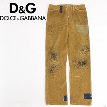 ◆D&G ドルチェ＆ガッバーナ ダメージ＆ペイント加工 レザー使い コーデュロイ パンツ キャメル 46_画像1