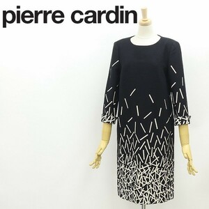 ◆pierre cardin ピエールカルダン 総柄 ストレッチ 七分袖 ワンピース 黒 ブラック×アイボリー