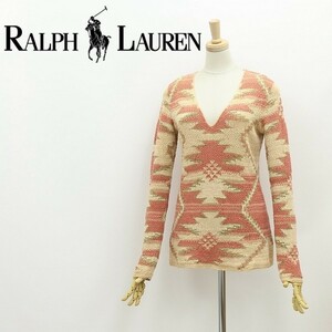 国内正規品◆RALPH LAUREN ラルフ ローレン リネン100％ オルテガ ネイティブ柄 Vネック ニット トップス M