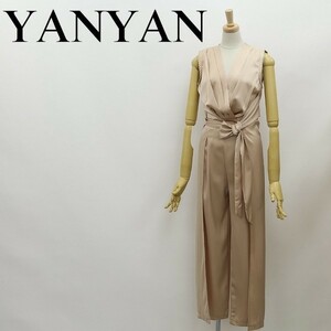 ◆YANYAN ヤンヤン ウエストリボン タック カシュクール風 スリット ノースリーブ オールインワン ベージュ S