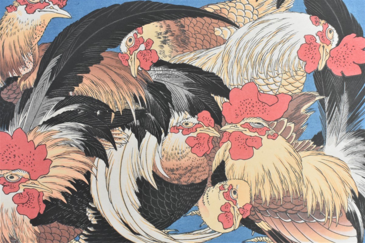 Katsushika Hokusai, ein Ukiyo-e-Künstler aus der späten Edo-Zeit, Gruppe Huhn aus einer Sammlung von Holzschnitten *Gerahmt, Masamitsu-Galerie, Kunstwerk, drucken, Holzschnitt