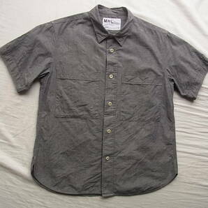M H L, マーガレットハウエル コットンシャンブレー素材 オーバーサイズ 半袖シャツ サイズ S 日本製 グレーのシャンブレーの画像1